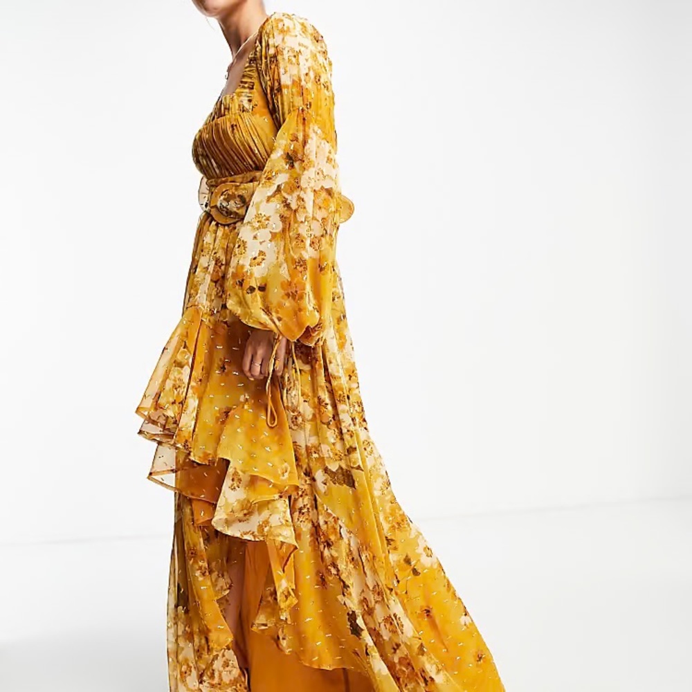 ASOS DESIGN Mustard Floral Maxi Dress with Belt Long Sleeve US 4 / UK 8